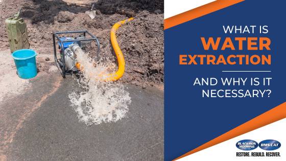 A machine is connected to a hose taking water from a dig site. One of the important water extraction steps. The words "What is Water Extraction and why is it necessary?" is seen to the right.