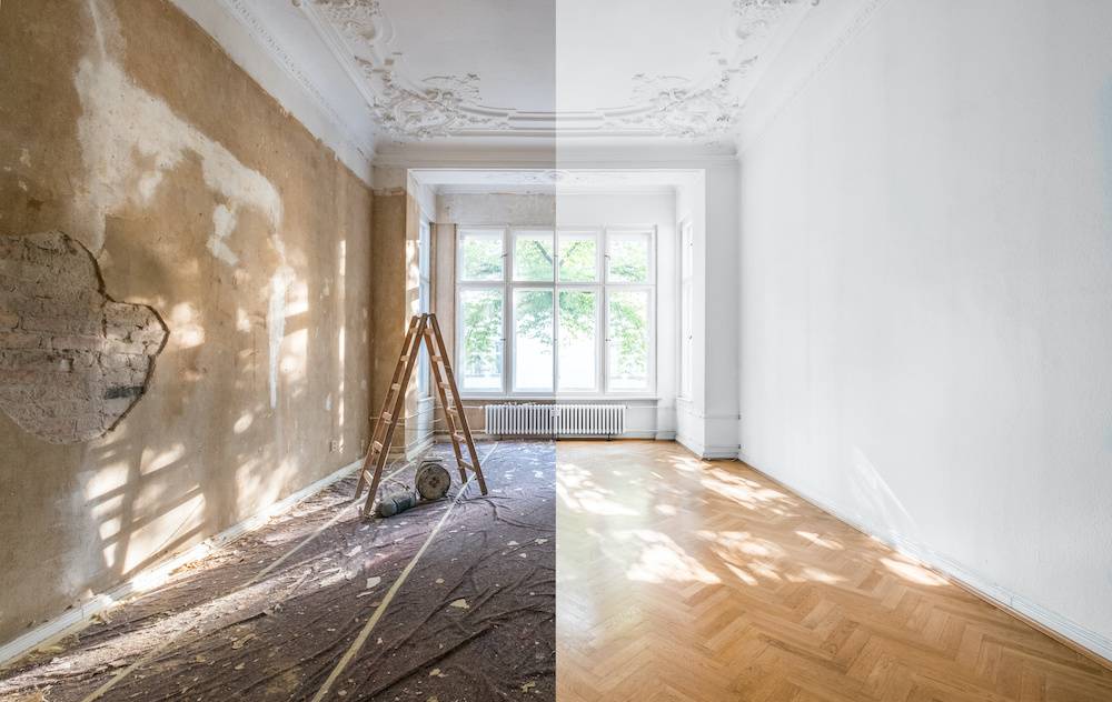 On one side (left) a battered, dirty, and unlivable space. On the other (right) a pristine, beautiful, back to life home. These pictures of the same space showcase the power of restoration services done well.